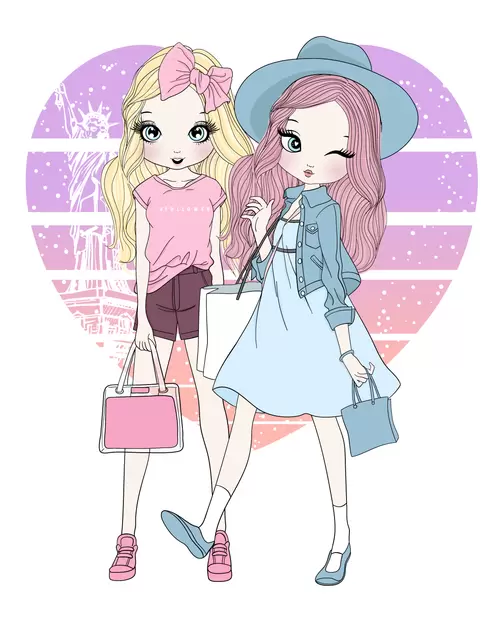 時尚女孩-卡通-姐妹-購物插圖