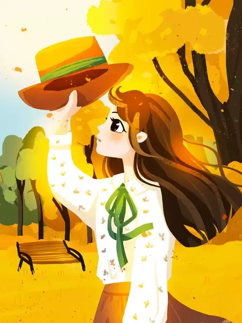 立秋-風中拿帽子的女孩插圖