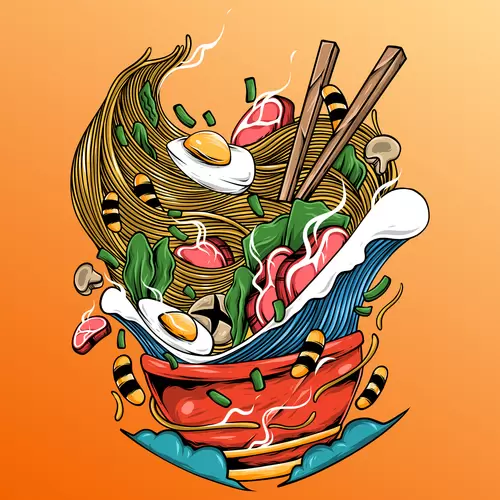 漫畫風食物-肉-雞蛋-面插圖