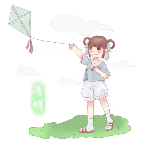 清明節-開心放風箏的小女孩插圖