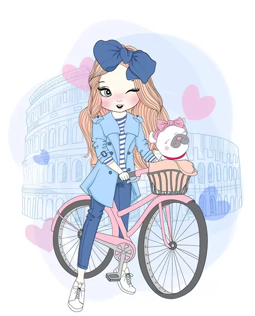 時尚女孩-卡通-單車女孩插圖