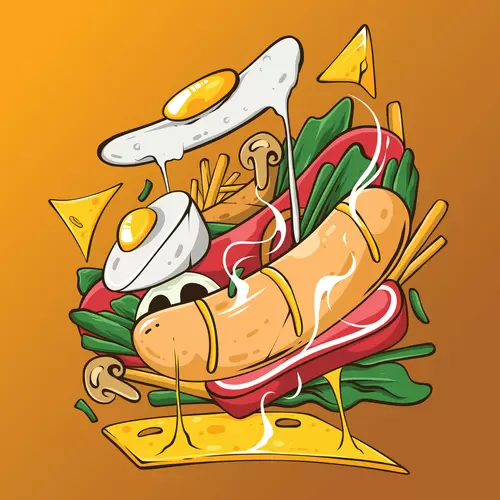 漫畫風食物-快餐-雞蛋-火腿腸插圖