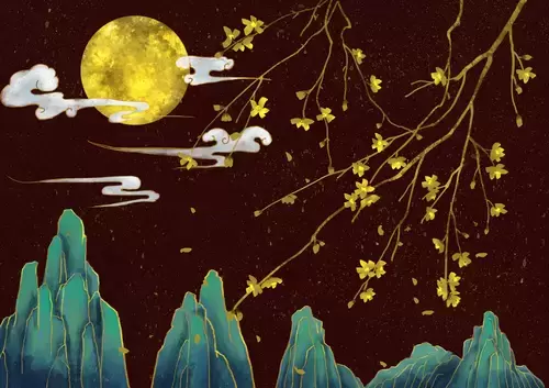山水壁畫-圓月之夜插圖素材
