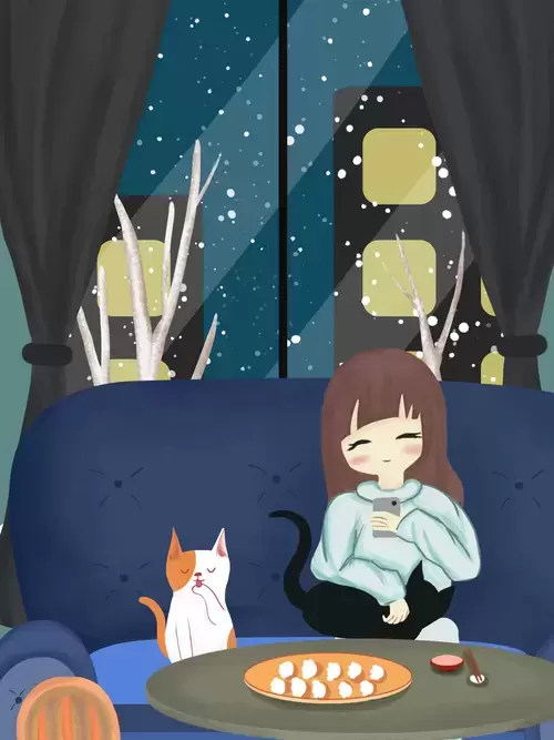 立冬-看手機的女孩與她的小饞貓插圖