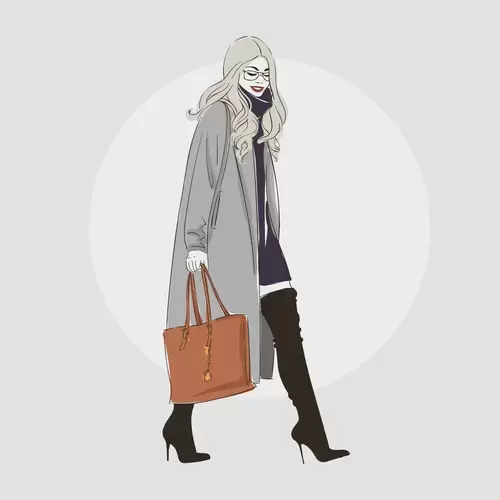 卡通頭像-穿灰色大衣的時尚女人插圖