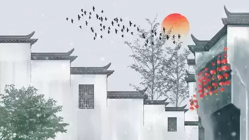 中國古建-徽派建築插圖素材