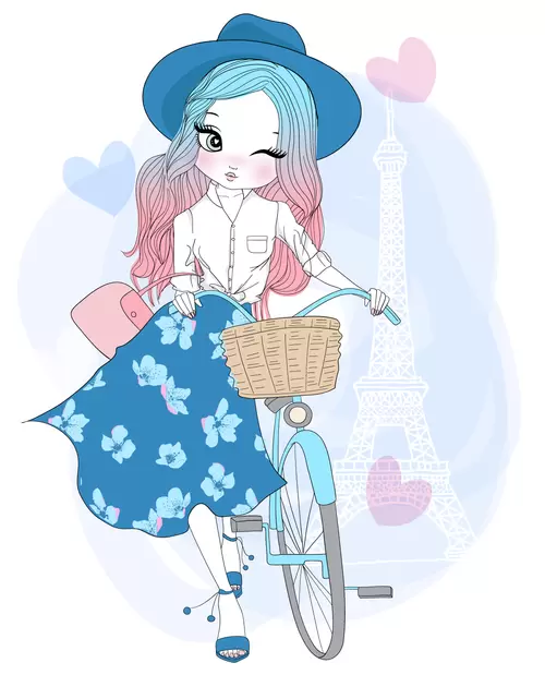 時尚女孩-卡通-騎單車的藍花裙女孩插圖