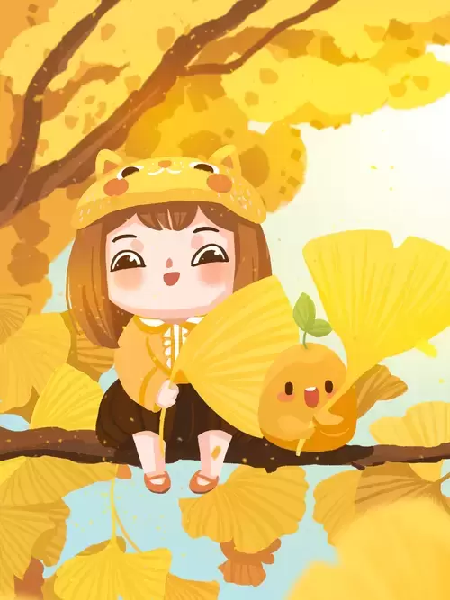 立秋-坐在樹枝上的女孩-銀杏葉插圖
