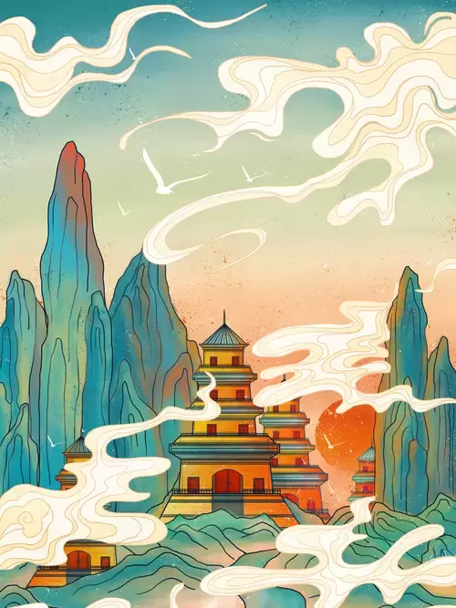 中国著名古建筑-靈光塔插圖素材