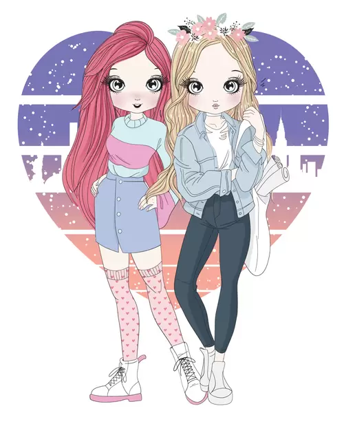 時尚女孩-卡通-花樣姐妹插圖
