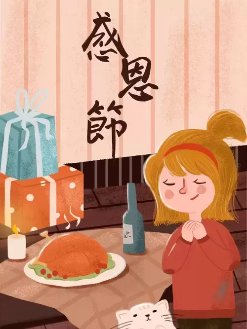感恩節-火雞-許願的女孩插圖素材