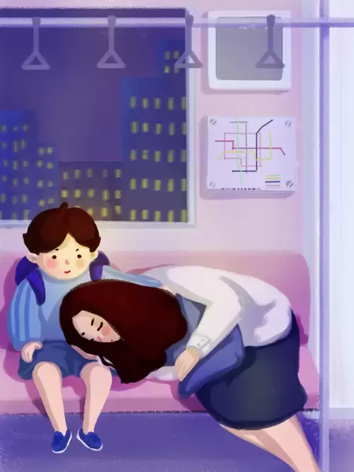 感恩節-坐地鐵的母子-媽媽累了插圖素材