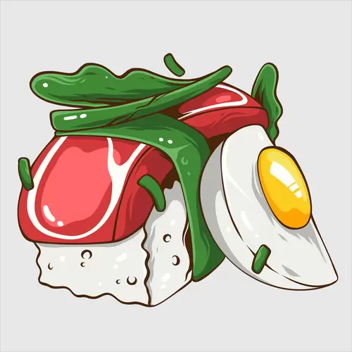 漫畫風食物-壽司-雞蛋-肉-蔬菜插圖