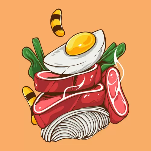 漫畫風食物-快餐-雞蛋-肉-蔬菜插圖