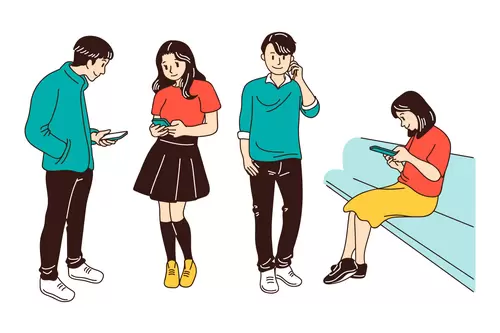 男生女生-卡通形象-手機時代插圖