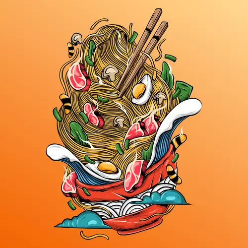 漫畫風食物-肉-拉麵插圖