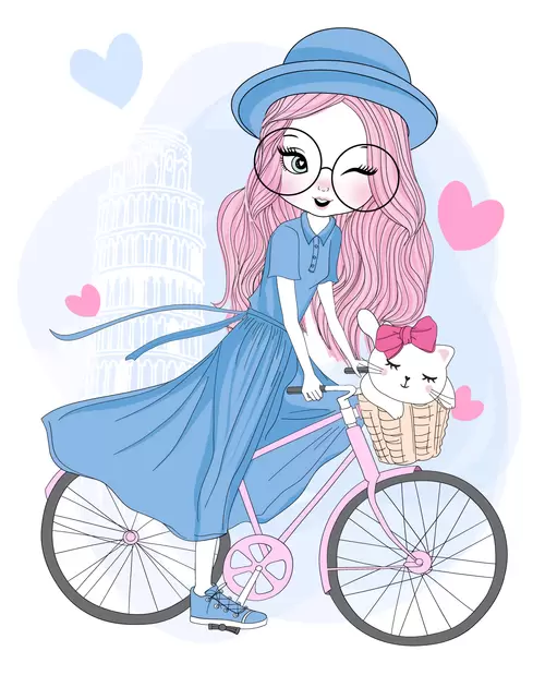 時尚女孩-卡通-騎單車插圖