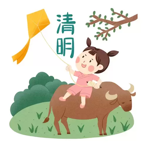 清明節-騎牛放風箏的女孩插圖