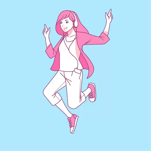 男生女生-卡通形象-戴耳機的女孩插圖