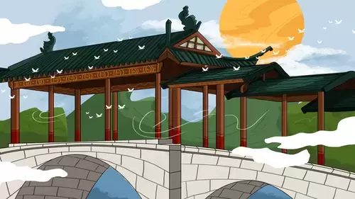 中國古建-橋上古亭插圖素材