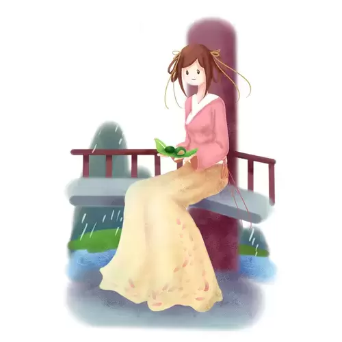 清明節-在亭子中避雨的女孩插圖素材