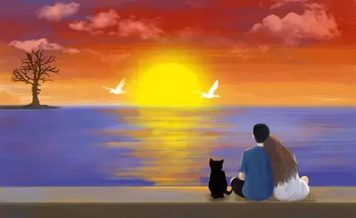 情人節-海邊看夕陽的情侶插圖素材