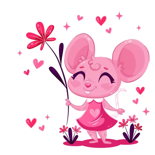 小動物-粉色老鼠-花插圖