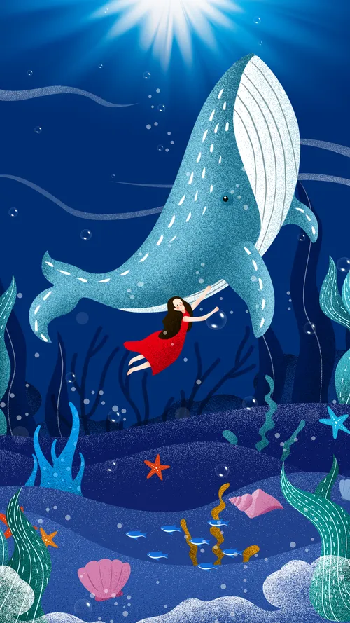 水下的鯨魚與女孩4K高清桌布